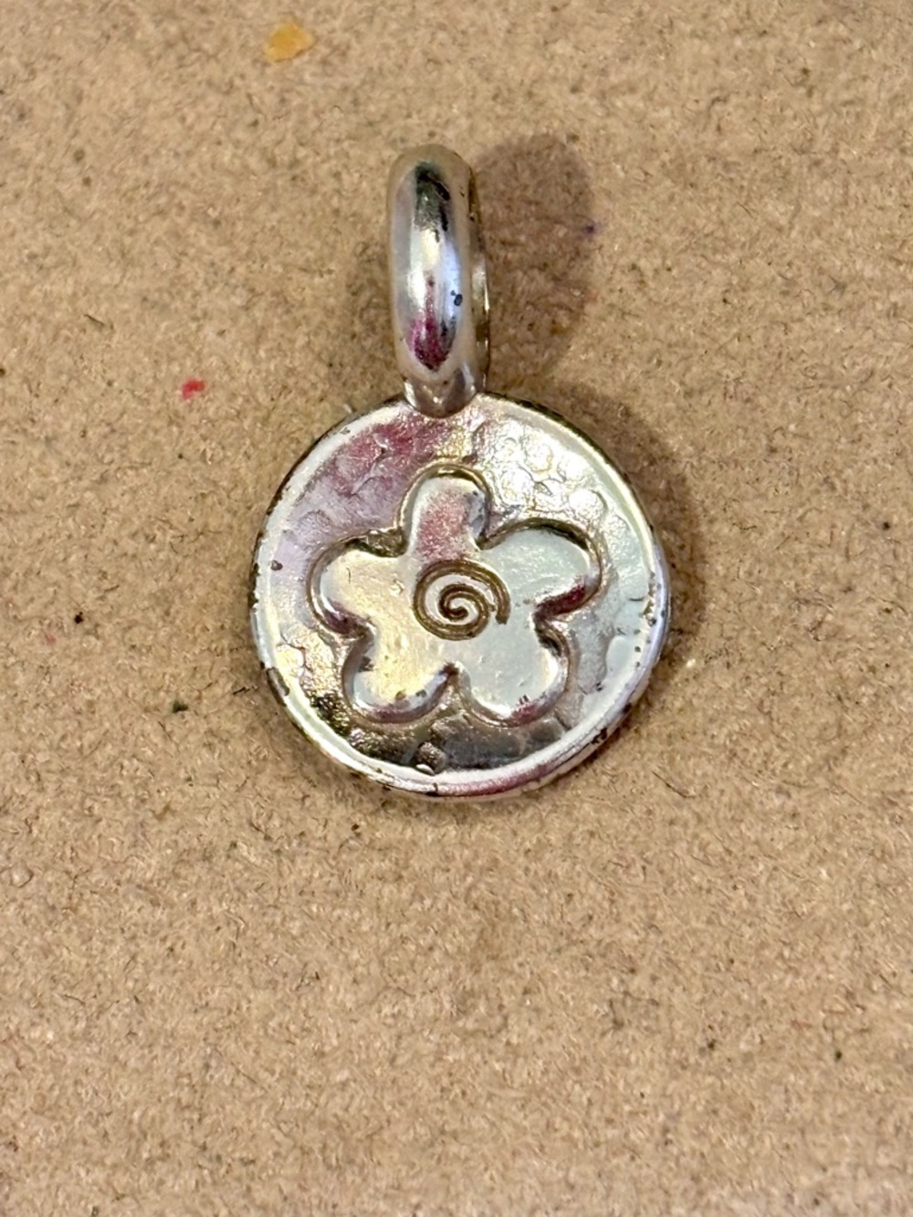 Brighton Bloom Token charm Raised flower Hammered silver Engraved Retired - Picture 2 of 8